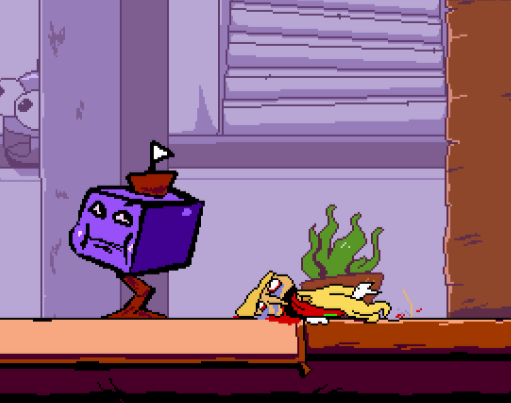 A screenshot recreating what Xavier experienced while playing in game. The Bo Noise is in the idle animation mentioned before, with them laying dead on the ground, eyes rolled up, bloodshot, and tears coming out. A little bit of snot is coming out of their nose and a giant tongue is hanging out of their mouth. They are crudely drawn with a small, pointy nose and a somewhat shriveled up body. Their body is laying next to the hub world's mailbox, which is purple and has a cheeky expression on its face.